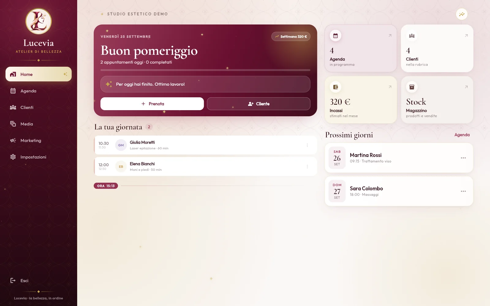 La Home di Lucevia per lo studio: giornata, prossima cliente e incassi